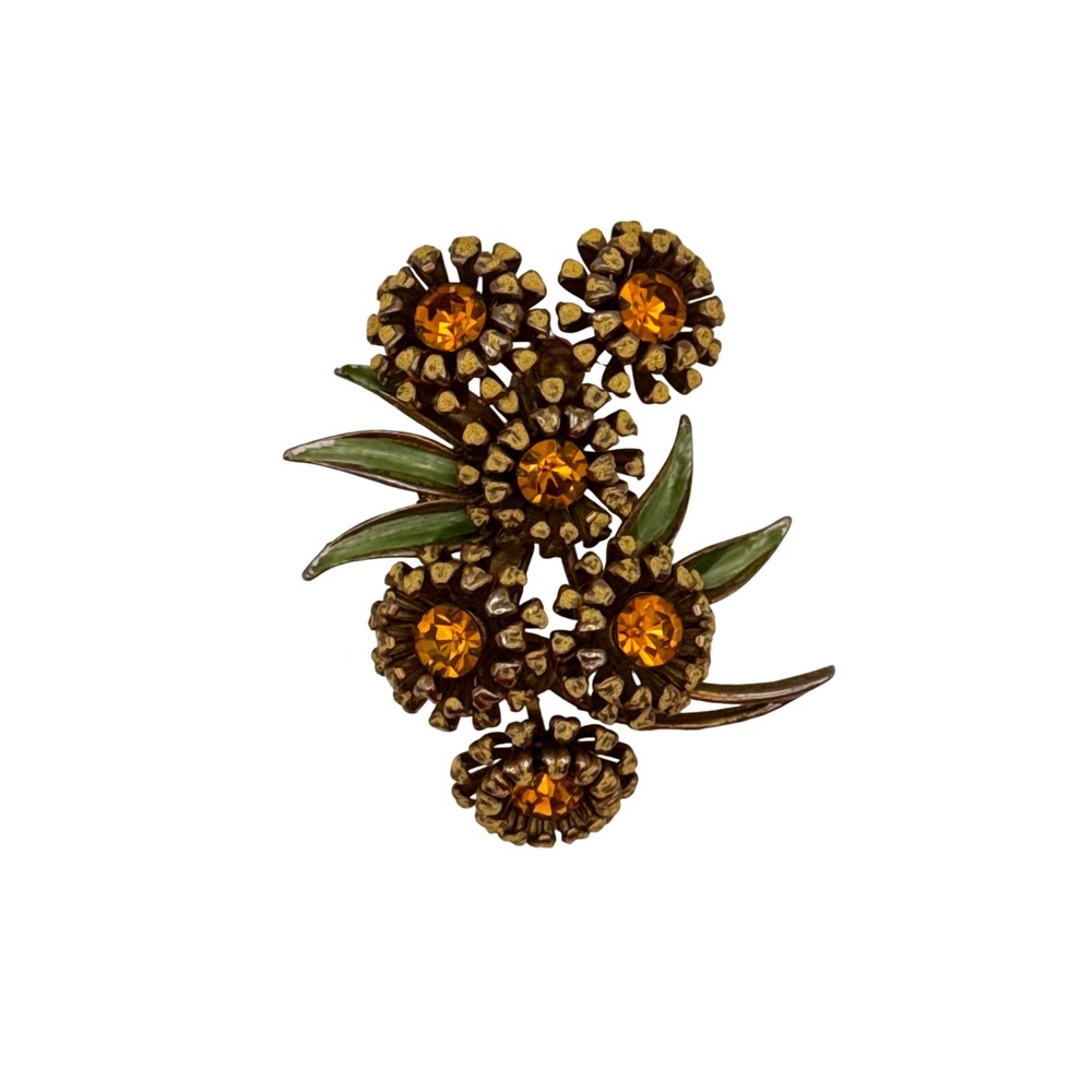 Weiss Brooch Womens Signed Gold Orange Rhinestone Enamel Floral‎ Bouquet Vintage